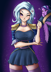Size: 848x1200 | Tagged: safe, artist:the-park, starlight glimmer, trixie, pony, better together, equestria girls, street magic with trixie, adorasexy, breast envy, breasts, clothes, costume, cute, diatrixes, epaulettes, hat, human coloration, looking at you, miniskirt, one eye closed, sexy, simple background, skirt, socks, solo focus, standing, thigh highs, tiny, tiny ponies, titsie, top hat, wink, zettai ryouiki