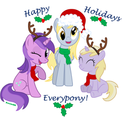 Size: 6380x6060 | Tagged: safe, artist:axemgr, amethyst star, derpy hooves, dinky hooves, sparkler, pegasus, pony, absurd resolution, antlers, clothes, equestria's best daughter, equestria's best family, female, hat, mare, santa hat, scarf, sisterly sparkler