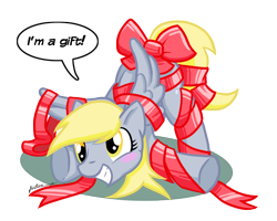 Size: 1024x819 | Tagged: safe, artist:furboz, derpy hooves, pegasus, pony, bow, dialogue, female, mare, present, ribbon, solo