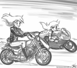 Size: 800x711 | Tagged: safe, artist:johnjoseco, derpy hooves, rainbow dash, human, grayscale, humanized, monochrome, motorcycle