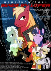 Size: 720x1008 | Tagged: safe, artist:kabukikatze, big macintosh, derpy hooves, doctor whooves, granny smith, mayor mare, twilight sparkle, zecora, earth pony, pony, zebra, blade runner, male, movie poster, stallion