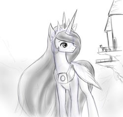 Size: 711x676 | Tagged: safe, artist:alloyrabbit, princess celestia, alicorn, pony, giant pony, giantess, giantlestia, macro, monochrome