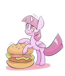 Size: 1200x1400 | Tagged: safe, artist:joycall6, twilight sparkle, twilight sparkle (alicorn), alicorn, pony, :3, burger, female, food, mare, micro, omnivore twilight, ponies eating meat, solo, that pony sure does love burgers, this will end in weight gain, twilight burgkle