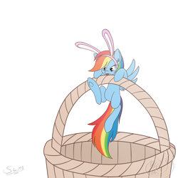 Size: 1280x1280 | Tagged: safe, artist:silverfox057, rainbow dash, pegasus, pony, :p, basket, bunny ears, easter, frown, micro, solo, spread wings, tongue out, underhoof