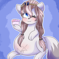 Size: 2000x2000 | Tagged: safe, artist:darkness-darkangel, oc, oc only, oc:alisha, wolf pony, belly, blue background, bow, cake, chubby, cute, fat, female, food, holding, simple background