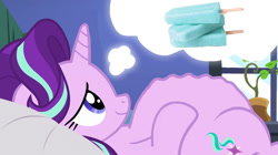 Size: 1024x575 | Tagged: safe, artist:jamesawilliams1996, edit, edited screencap, screencap, starlight glimmer, unicorn, every little thing she does, adorafatty, bed, belly, big belly, cravings, dream, fat, fat edit, female, food, ice cream, lying down, mare, on back, pillow, sea salt ice cream, solo, starlard glimmer, stomach growl, that pony sure does love ice cream