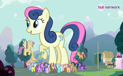 Size: 542x337 | Tagged: safe, screencap, amethyst star, bon bon, dizzy twister, doctor whooves, flounder (character), lemon hearts, lyra heartstrings, oakey doke, orange swirl, parasol, sea swirl, seafoam, sparkler, sweetie drops, earth pony, pegasus, pony, unicorn, april fools, big bon, blue diamond, bottlecap (character), eiffel, fuchsia fizz, giant bon bon (sweetie drops), giant pony, giant/macro earth pony, giantess, hub network, lavenderhoof, macro, my biggest pony, sandstorm (character), the hub, welch