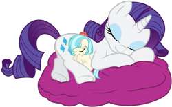 Size: 1500x932 | Tagged: safe, artist:godoffury, artist:punzil504, artist:yanoda, coco pommel, rarity, pony, unicorn, baby, baby pony, cocobetes, cuddling, cute, daaaaaaaaaaaw, diabetes, eyes closed, hnnng, mama rarity, micro, on side, pillow, raribetes, simple background, sleeping, smiling, snuggling, the diabetes has been doubled, transparent background, underhoof, vector, weapons-grade cute