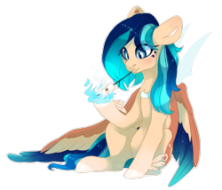 Size: 1390x1191 | Tagged: safe, artist:shady-bush, oc, oc:sapphire breeze, pegasus, pony, colored wings, female, fire, food, magic, mare, marshmallow, multicolored wings, simple background, solo, transparent background, wings