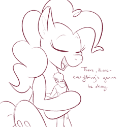 Size: 700x700 | Tagged: safe, artist:goat train, pinkie pie, oc, oc:anon, human, comforting, giant pinkie pie, giantess, grayscale, hug, human on pony snuggling, macro, monochrome, size difference