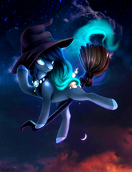 Size: 1100x1430 | Tagged: safe, artist:shady-bush, oc, oc only, oc:upcoming rain, original species, pond pony, pony, broom, female, flying, flying broomstick, hat, mare, night, solo, witch hat