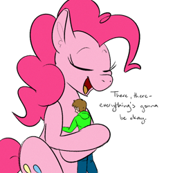 Size: 700x700 | Tagged: safe, artist:goat train, artist:venezolanbrony, edit, pinkie pie, oc, oc:anon, earth pony, human, pony, colored, comforting, duo, giant pony, giantess, hug, macro, simple background, size difference, transparent background
