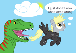 Size: 1457x1030 | Tagged: safe, artist:tgolyi, derpy hooves, dinosaur, pegasus, pony, tyrannosaurus rex, clothes, costume, female, future twilight, i just don't know what went wrong, mare, svg, time travel, vector