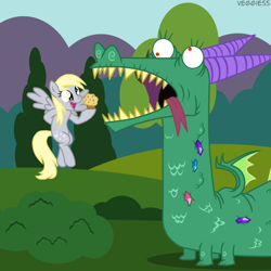 Size: 1274x1274 | Tagged: safe, artist:veggie55, crackle, derpy hooves, dragon, pegasus, pony, female, mare