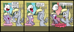 Size: 900x394 | Tagged: safe, artist:madmax, artist:pacce, derpy hooves, dinky hooves, ghost, pegasus, pony, unicorn, boo (super mario), comic, covering eyes, crossover, dialogue, female, filly, mare, mario, peekaboo, scared, super mario bros., underp