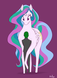 Size: 1000x1362 | Tagged: safe, artist:nivrozs, princess celestia, oc, oc:anon, human, pony, cute, cutelestia, giant pony, giantlestia, hug, huge, looking down, macro, raised hoof, size difference, tallestia