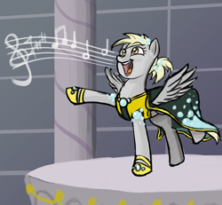 Size: 800x738 | Tagged: safe, artist:lemondevil, derpy hooves, pegasus, pony, clothes, cute, dress, female, gala dress, mare, music notes, open mouth, raised hoof, raised leg, singing, smiling, solo, spread wings