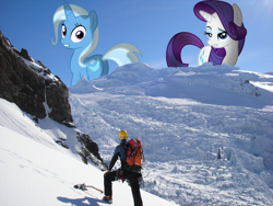 Size: 2560x1920 | Tagged: safe, artist:jeatz-axl, artist:somerandomminion, artist:xpesifeindx, rarity, trixie, pony, giant pony, giantess, irl, macro, mega trixie, mild plot, mountain, photo, photomanipulation, photoshop, ponies in real life, vector