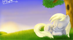 Size: 1380x768 | Tagged: safe, artist:awildfantasy, derpy hooves, pegasus, pony, female, mare, sleeping, solo, tree