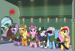 Size: 1134x770 | Tagged: safe, artist:nyerpy, applejack, derpy hooves, fluttershy, pinkie pie, rainbow dash, rarity, twilight sparkle, earth pony, pegasus, pony, unicorn, airborne, ammo belt, army, bandana, clothes, female, grenade, grenade launcher, gun, helmet, interior, knife, m14, m16, m60, m79, mane six, mare, military, ramboshy, rifle, tacticool, vietnam, vietnam war, war, weapon