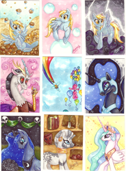 Size: 900x1222 | Tagged: safe, artist:mazzy-elf, derpy hooves, discord, nightmare moon, pinkie pie, princess celestia, princess luna, rainbow dash, zecora, alicorn, pegasus, pony, zebra, female, mare, traditional art