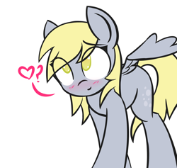 Size: 1892x1794 | Tagged: safe, artist:manicpanda, derpy hooves, pegasus, pony, blushing, cute, derpabetes, eye clipping through hair, heart, looking at you, looking up, no pupils, pictogram, question mark, simple background, smiling, solo, spread wings, underp