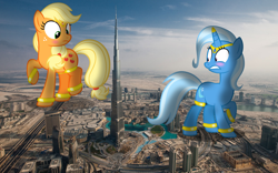 Size: 1920x1200 | Tagged: safe, artist:navitaserussirus, artist:somerandomminion, applejack, trixie, earth pony, pony, bracelet, burj khalifa, downtown dubai, dubai, genie, giant pony, giantess, gold, irl, macro, photo, photomanipulation, photoshop, ponies in real life, shipping, staring at flank, the dubai mall, tripplejack, united arab emirates