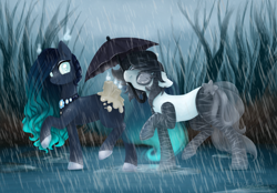 Size: 1352x942 | Tagged: safe, artist:shady-bush, oc, oc only, oc:blind ink, oc:upcoming rain, original species, pony, female, mare, mouth hold, rin, scented pony, umbrella, waterwalker