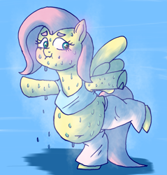 Size: 1969x2063 | Tagged: safe, artist:tuta suke, fluttershy, pegasus, pony, balancing, belly, belly button, blushing, clothes, excessive sweat, fat, fattershy, solo, sweat, sweater, sweatershy