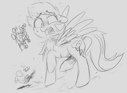 Size: 1042x768 | Tagged: safe, artist:xieril, rainbow dash, oc, oc:anon, pegasus, pony, chest fluff, crying, floppy ears, macro, monochrome, open mouth, panic, spread wings, stomping, sweat, wide eyes