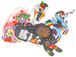 Size: 1352x1012 | Tagged: safe, artist:0r0ch1, derpibooru import, angel bunny, fluttershy, pinkie pie, rainbow dash, spike, dragon, earth pony, pegasus, pony, costume, female, fluttermedic, gun, heavy, male, mare, medic, pinkie pyro, pyro, rainbow scout, rocket jump, scout, soldier, team fortress 2, weapon