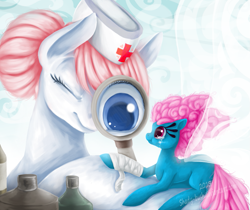 Size: 975x819 | Tagged: safe, artist:shady-bush, nurse redheart, seabreeze, breezie, pony, bandage, magnifying glass