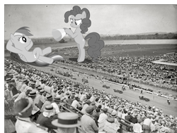 Size: 3075x2321 | Tagged: safe, artist:baumkuchenpony, artist:midnightblitzz, artist:somerandomminion, pinkie pie, rainbow dash, pony, black and white, giant pony, giantess, grayscale, irl, macro, megaphone, photo, photomanipulation, photoshop, ponies in real life, racecar, vector