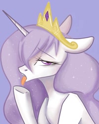 Size: 1080x1350 | Tagged: safe, artist:jonny_flex69, princess celestia, alicorn, pony, bedroom eyes, bust, eyelashes, female, hoof licking, jewelry, licking, mare, princess molestia, purple background, simple background, solo, solo female, tiara, tongue out, underhoof