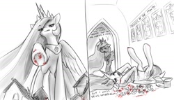 Size: 1523x870 | Tagged: safe, artist:alloyrabbit, princess cadance, princess celestia, princess luna, twilight sparkle, twilight sparkle (alicorn), alicorn, pony, alicorn tetrarchy, bait and switch, bedroom eyes, destruction, fake blood, fantasy, female, floppy ears, giantess, giantlestia, hair over one eye, ketchup, licking lips, macro, mare, on back, open mouth, playing, roleplay, sillestia, smiling, stomping, tongue out, unamused, underhoof, whining