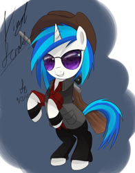 Size: 900x1150 | Tagged: safe, artist:sketchbookfim, dj pon-3, vinyl scratch, pony, unicorn, clothes, female, gun, hat, hooves, horn, mare, optical sight, rifle, smiling, sniper, sniper rifle, solo, sunglasses, team fortress 2, weapon