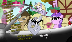 Size: 1215x710 | Tagged: safe, artist:unoservix, amethyst star, derpy hooves, dinky hooves, doctor whooves, sparkler, pegasus, pony, car, derpy driving, drink, driving, female, hooves family, magic, mare, straw, sunglasses, swag, telekinesis, the hooves