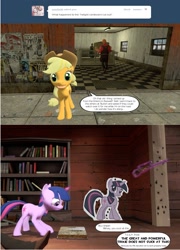 Size: 1297x1800 | Tagged: safe, artist:geronkizan, derpibooru import, applejack, trixie, twilight sparkle, earth pony, pony, ask applejack and red engineer, blu, cardboard cutout, cardboard twilight, engineer, gmod, red, sniper, team fortress 2, tumblr, tumblr comic