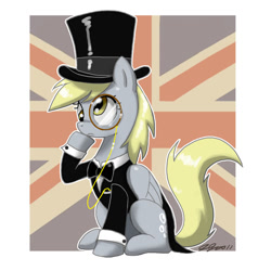 Size: 900x900 | Tagged: safe, artist:johnjoseco, derpy hooves, pegasus, pony, britain, british, clothes, costume, cute, derpabetes, female, hat, mare, monocle, monocle and top hat, solo, top hat, union jack