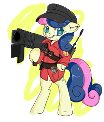 Size: 823x964 | Tagged: safe, artist:lustrous-dreams, bon bon, lyra heartstrings, sweetie drops, earth pony, pony, semi-anthro, bipedal, clothes, grenade, looking at you, rocket launcher, smiling at you, soldier, team fortress 2