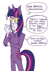 Size: 560x814 | Tagged: safe, artist:s-c-fowlie, twilight sparkle, human, crossover, dialogue, glasses, horn, male, multicolored mane, multicolored tail, pajamas, simple background, solo, speech bubble, team fortress 2, white background