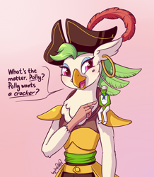 Size: 1280x1471 | Tagged: safe, artist:dsp2003, captain celaeno, oc, oc:anon, anthro, human, my little pony: the movie, 2017, blushing, female, human male, macro, male, micro, pirate, role reversal, unamused