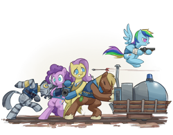 Size: 1024x799 | Tagged: safe, artist:stupjam, derpibooru import, big macintosh, fluttershy, pinkie pie, rainbow dash, zecora, earth pony, pegasus, pony, zebra, demoman, female, heavy, male, mare, medic, payload, pyro, scout, stallion, team fortress 2