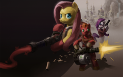 Size: 1920x1200 | Tagged: safe, artist:stupjam, derpibooru import, big macintosh, fluttershy, rarity, earth pony, pegasus, pony, unicorn, gun, heavy, heavy weapons guy, male, medic, medigun, minigun, parody, revolver, spy, stallion, team fortress 2, weapon