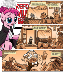 Size: 915x1037 | Tagged: dead source, safe, artist:brendahickey, idw, carrie nation, pinkie pie, temperance flowerdew, earth pony, pony, spoiler:comic, spoiler:comic63, alternate hairstyle, cake, comic, crying, diabetes fuel, fat, female, filly, flashback, foal, food, mare, official comic, pie, pinkamena diane pie, sepia, speech bubble, stomach ache, stuffed, sugar rush, this will end in diabetes, younger