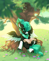 Size: 1200x1500 | Tagged: safe, artist:shady-bush, oc, oc only, pegasus, pony, book, ear piercing, earring, female, flower, hair over one eye, jewelry, looking at something, looking down, mare, mouth hold, mouth writing, neckerchief, outdoors, piercing, sitting, snip (coat marking), socks (coat marking), solo, spread wings, tree, two toned wings, under the tree, wings, writing