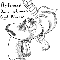 Size: 1500x1500 | Tagged: safe, artist:m_d_quill, discord, twilight sparkle, twilight sparkle (alicorn), alicorn, pony, angry, female, gritted teeth, macro, mare, monochrome