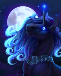 Size: 1060x1308 | Tagged: safe, artist:shady-bush, oc, oc:candes, unicorn, bust, glowing eyes, hoers, night, portrait, solo