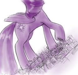 Size: 726x700 | Tagged: safe, artist:alloyrabbit, twilight sparkle, twilight sparkle (alicorn), alicorn, pony, destruction, female, giant pony, giantess, macro, mare, monochrome, solo