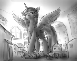 Size: 1144x907 | Tagged: safe, artist:alloyrabbit, spike, twilight sparkle, twilight sparkle (alicorn), alicorn, dragon, pony, crushing, evil, female, giant pony, grayscale, hooves, library, macro, mare, mega twilight sparkle, model, monochrome